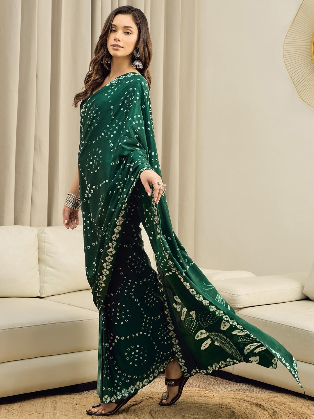 Green Crepe Polka Dots Saree