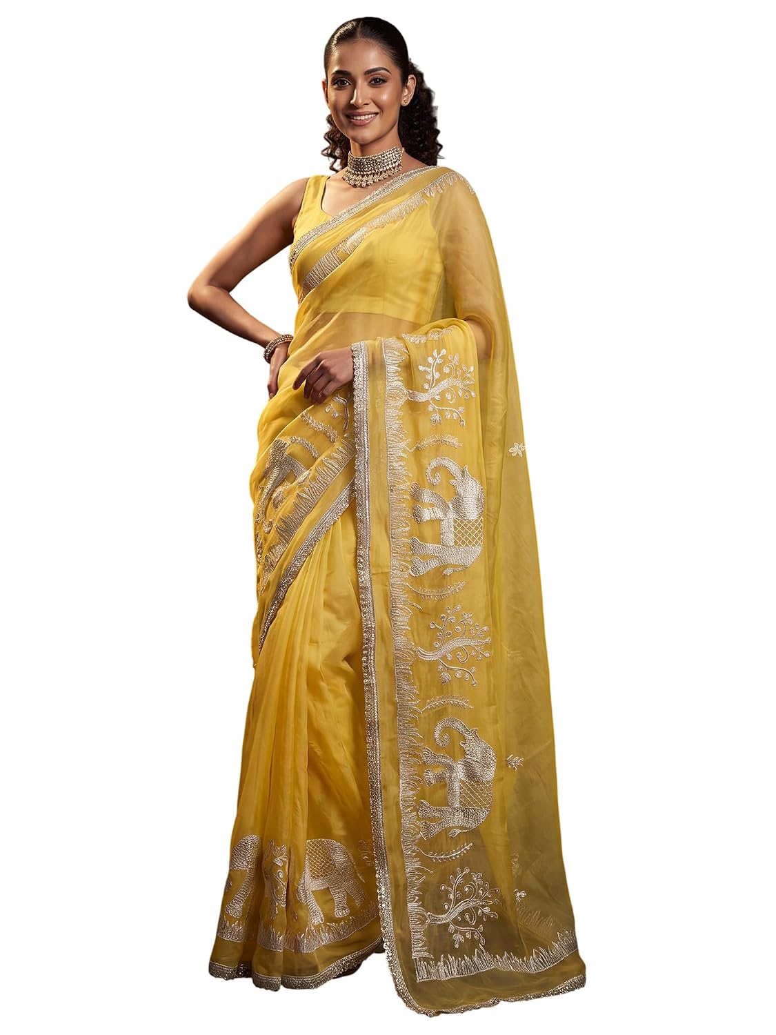 Yellow Georgette Striped Saree