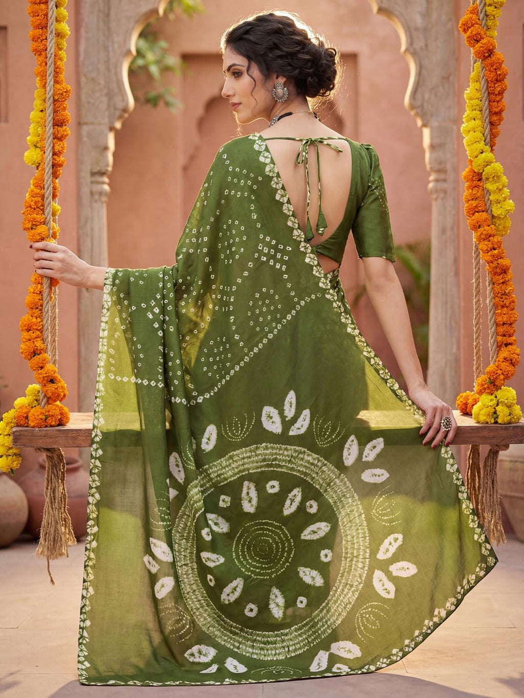 Green Crepe Polka Dots Saree