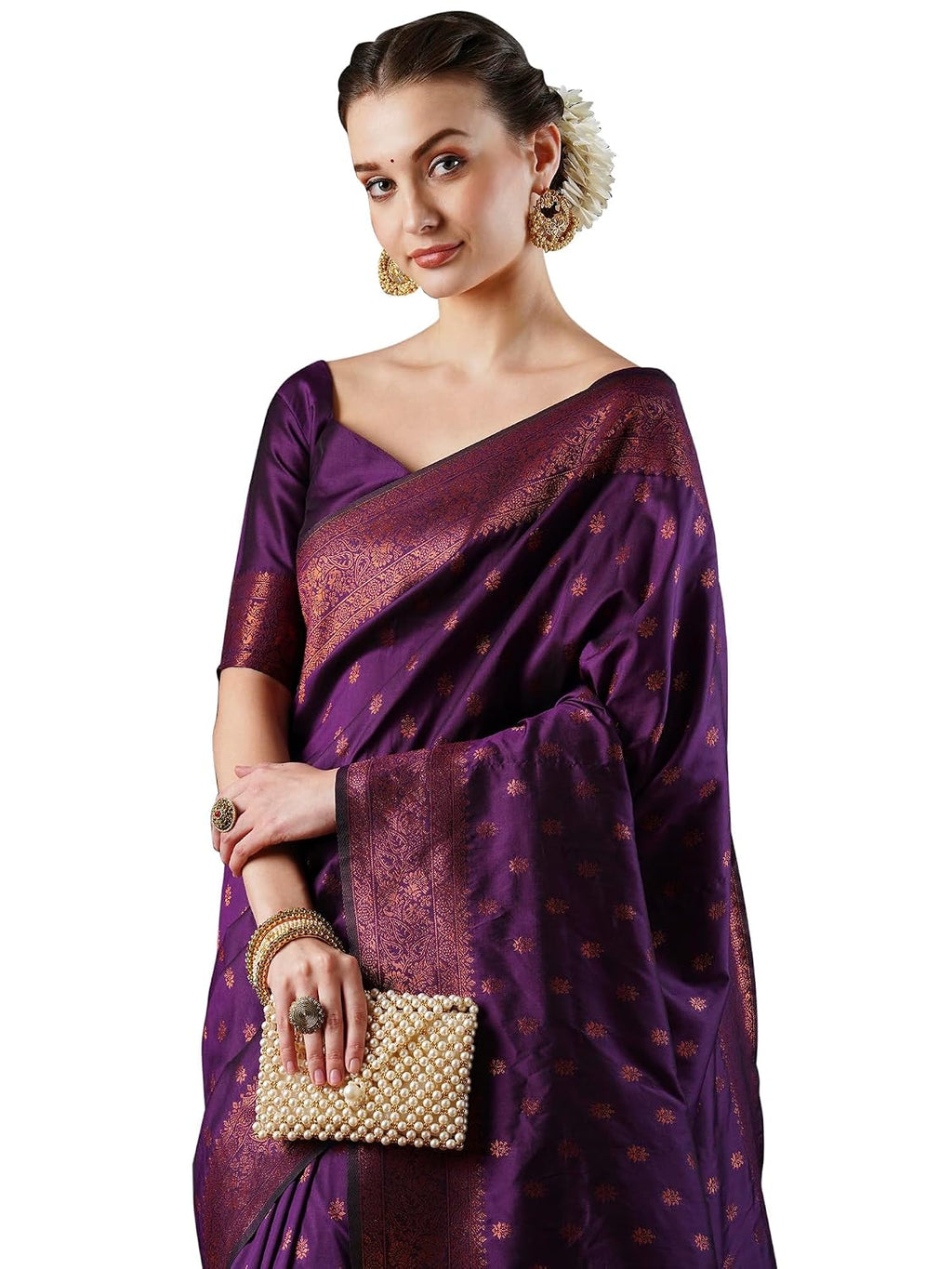 Green Silk Checkered Saree - Purple
