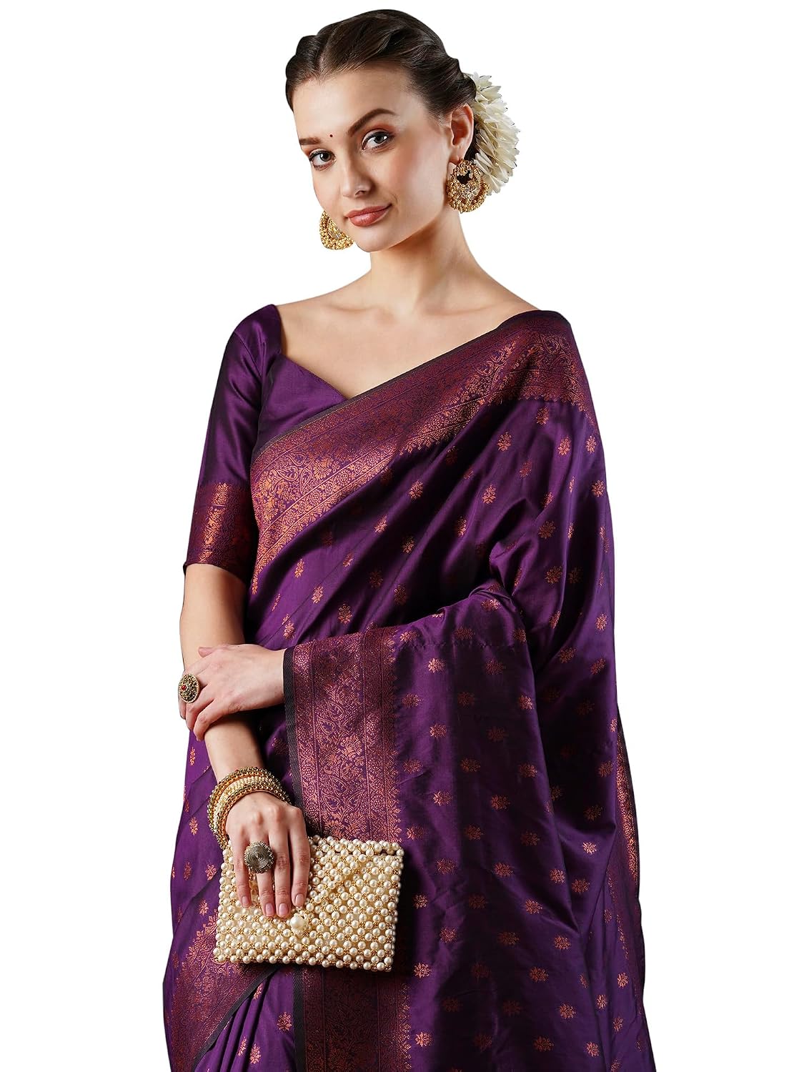 Green Silk Checkered Saree - Purple