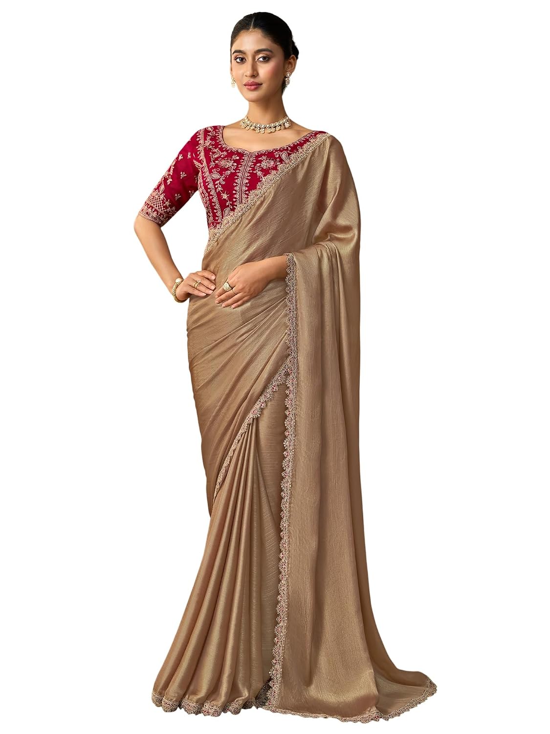 Red Chiffon Ombre Saree - Gold