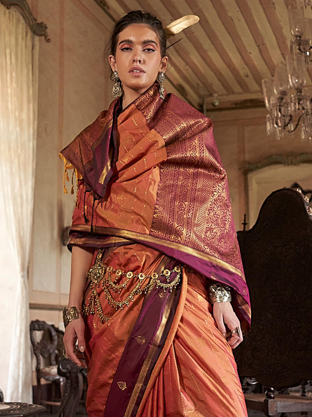 Orange Silk Paisley Saree