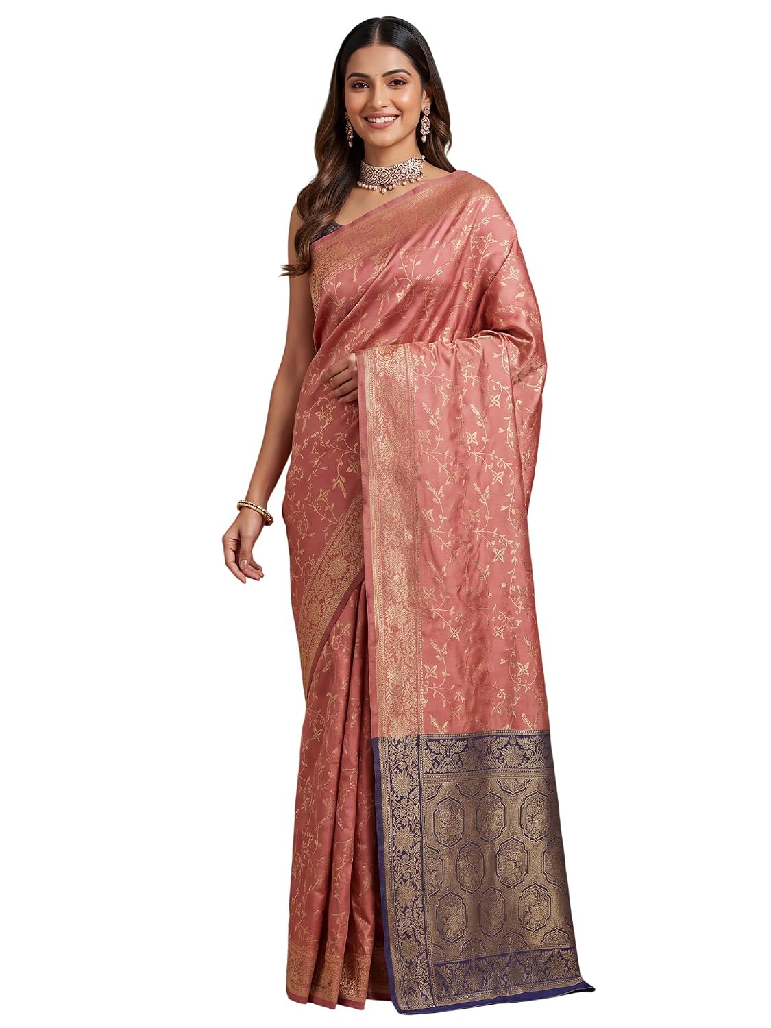 Red 2 Silk Blend Floral Saree - Peach 2