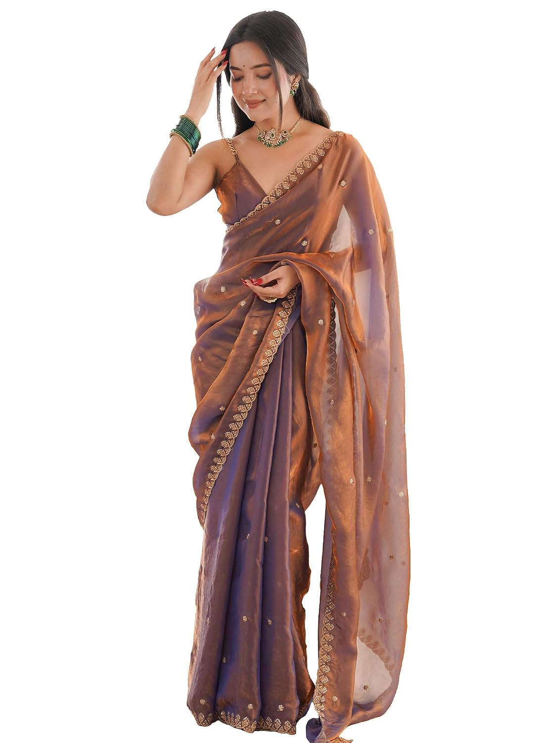 Copper Tissue Floral Saree - Rose Gold