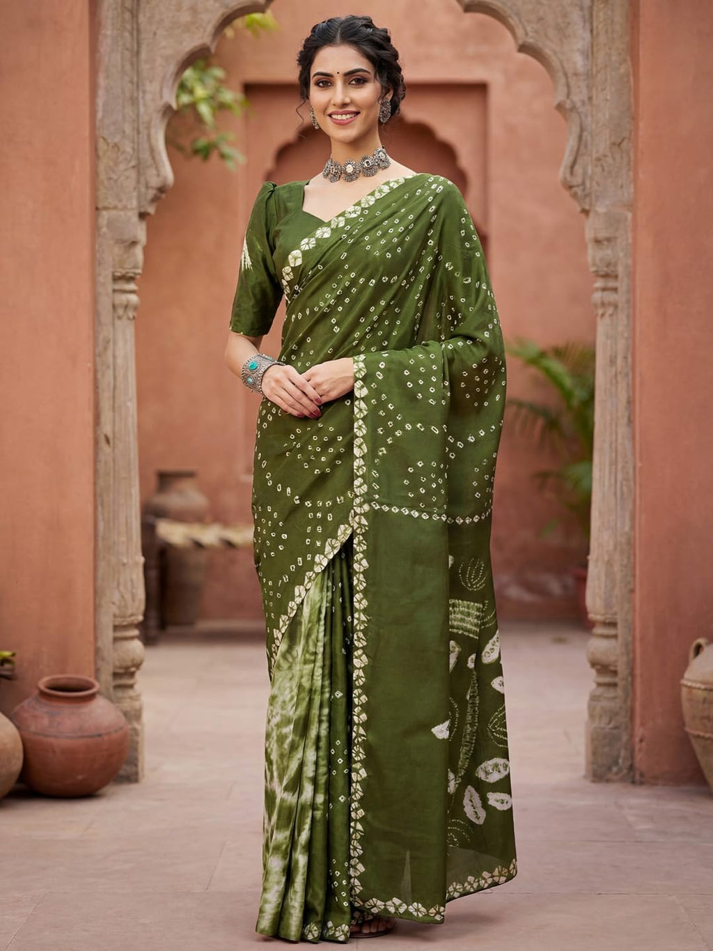 Green Crepe Polka Dots Saree