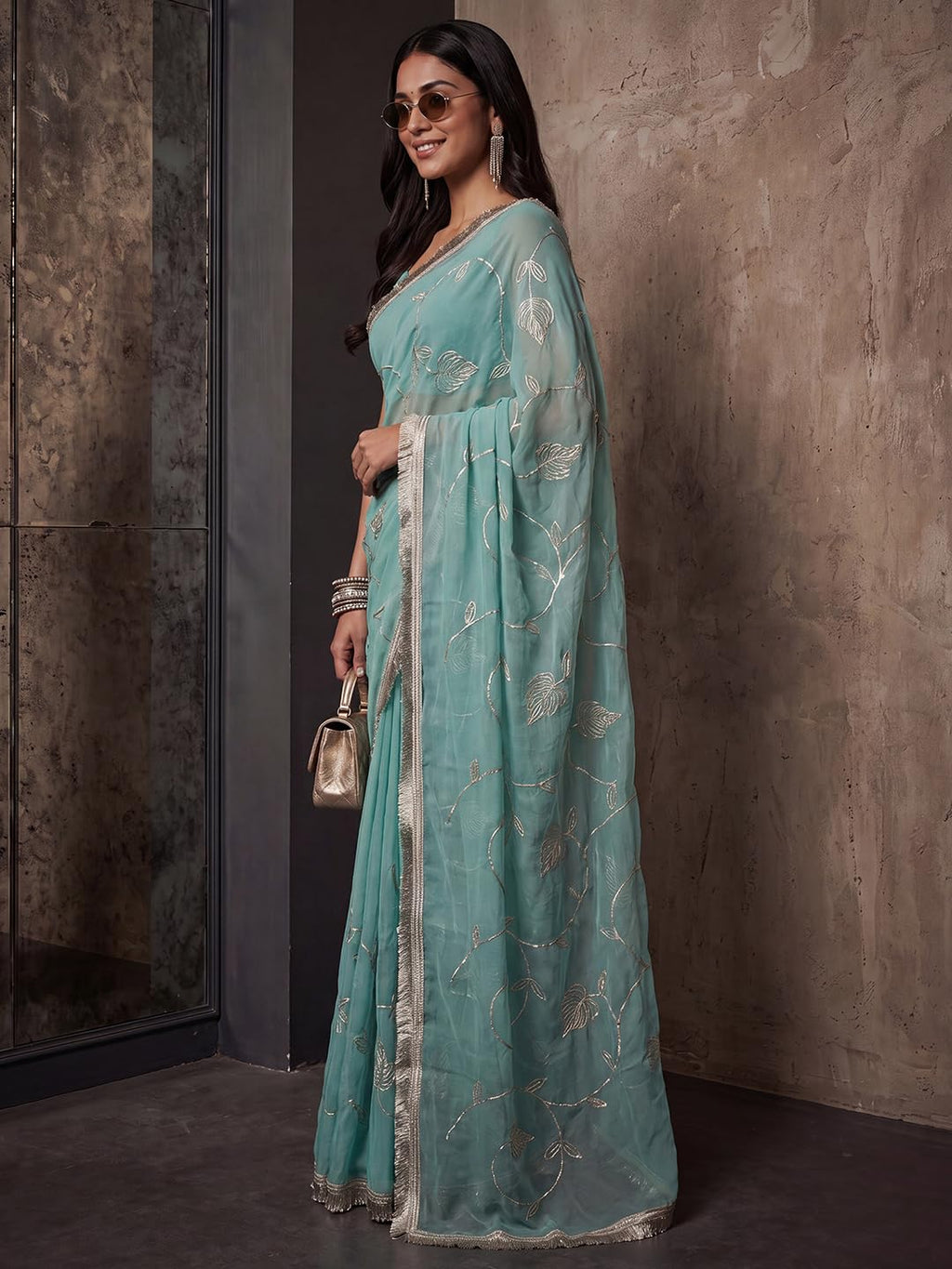 Light Blue Georgette Striped Saree