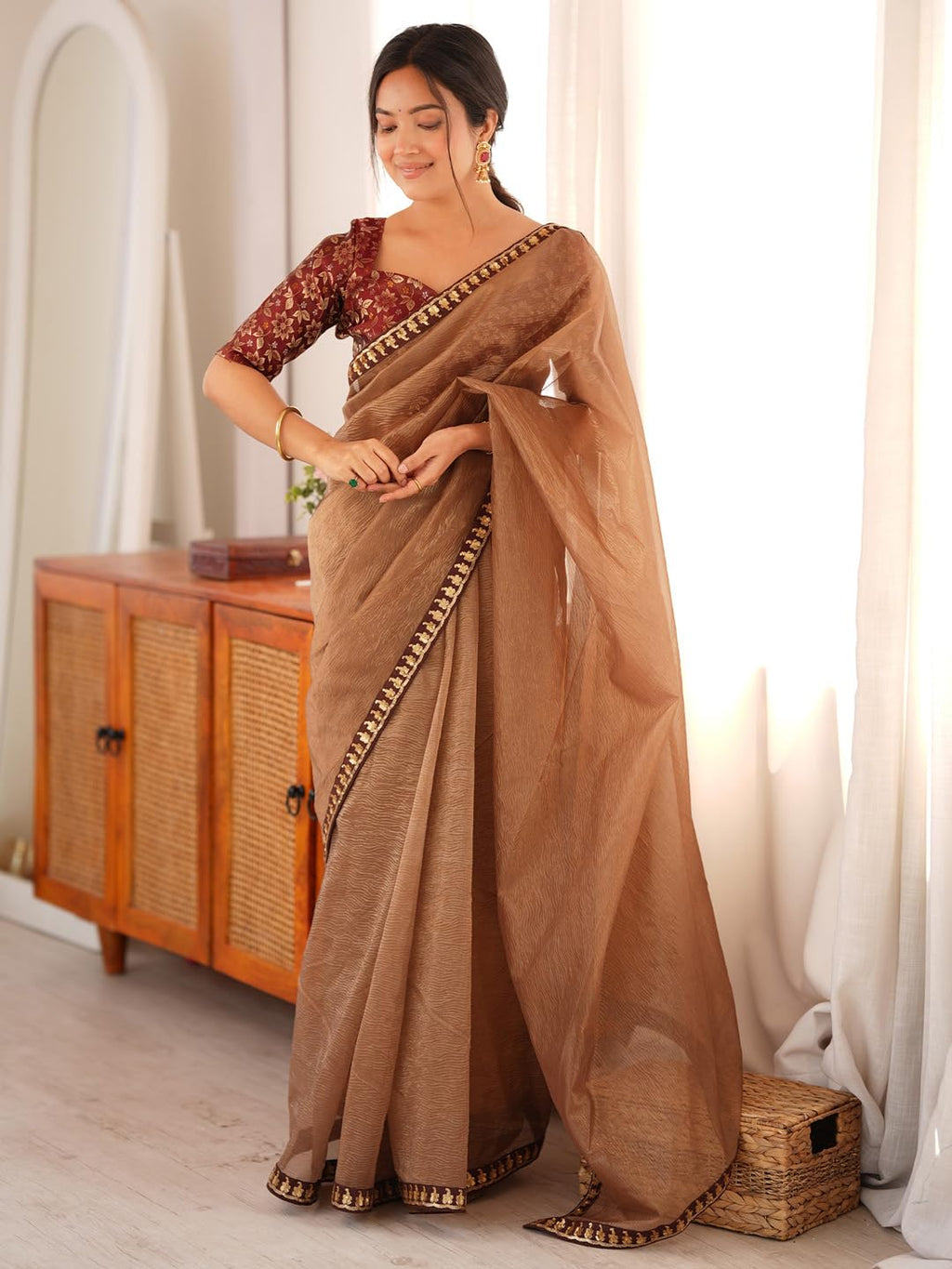 Copper Silk Checkered Saree