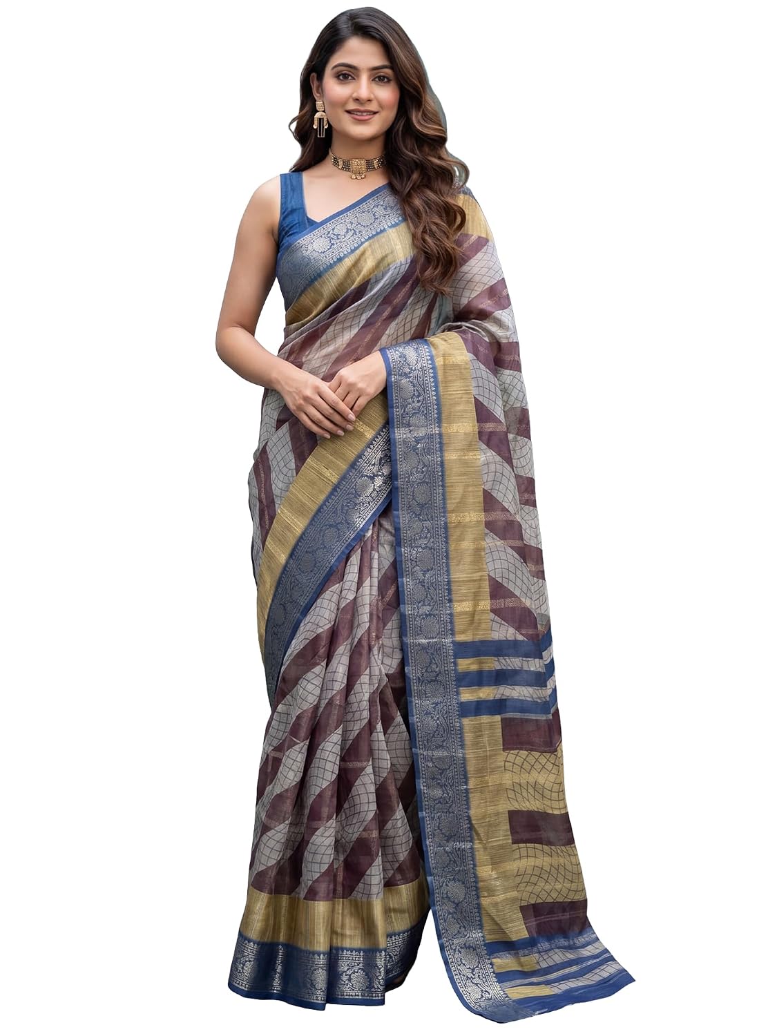 Multicolour Silk Checkered Saree - Multicolored