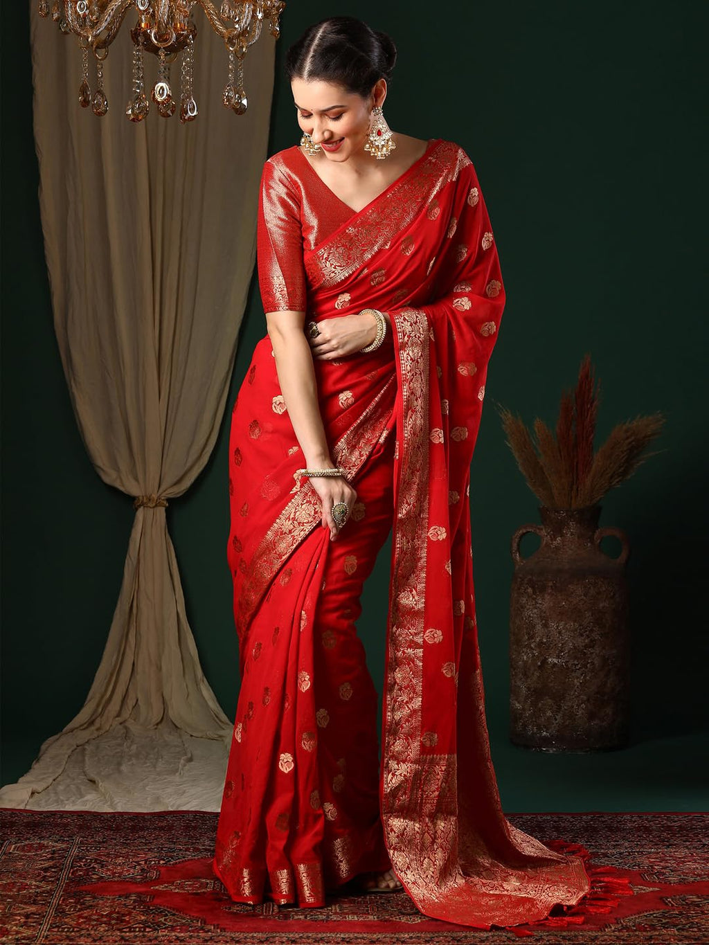 Red Georgette Ethnic Motif Saree