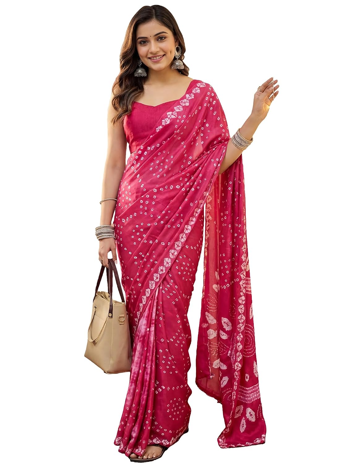 Green Crepe Polka Dots Saree - Pink