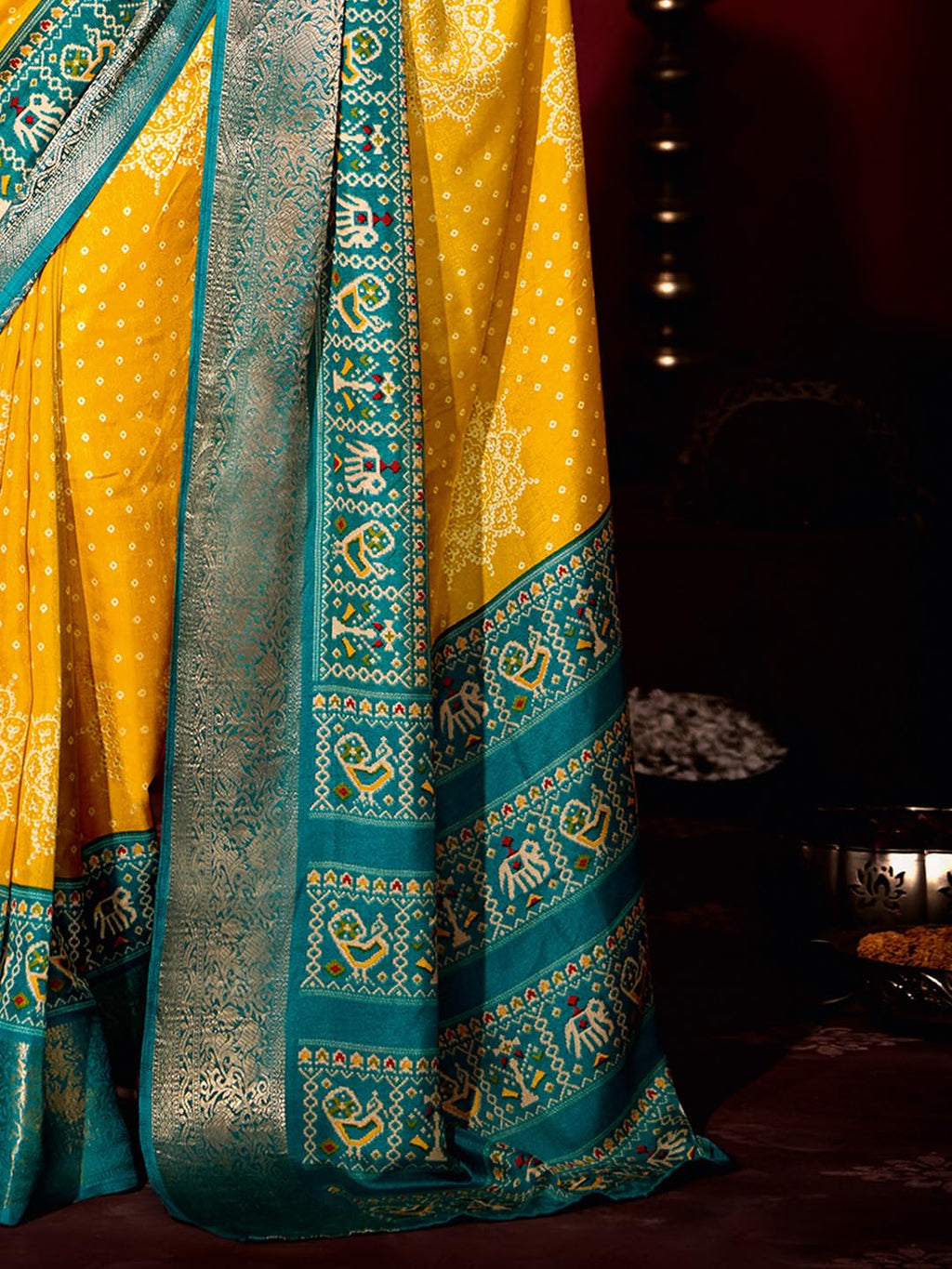 Yellow Silk Blend Polka Dots Saree