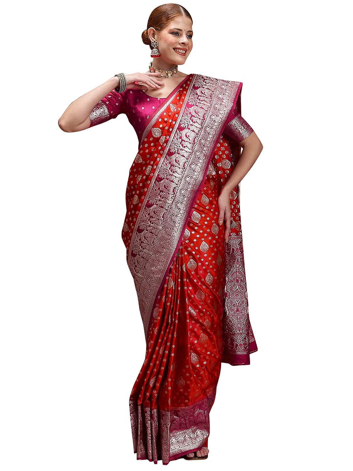 Pink Satin Floral Saree - Red 3
