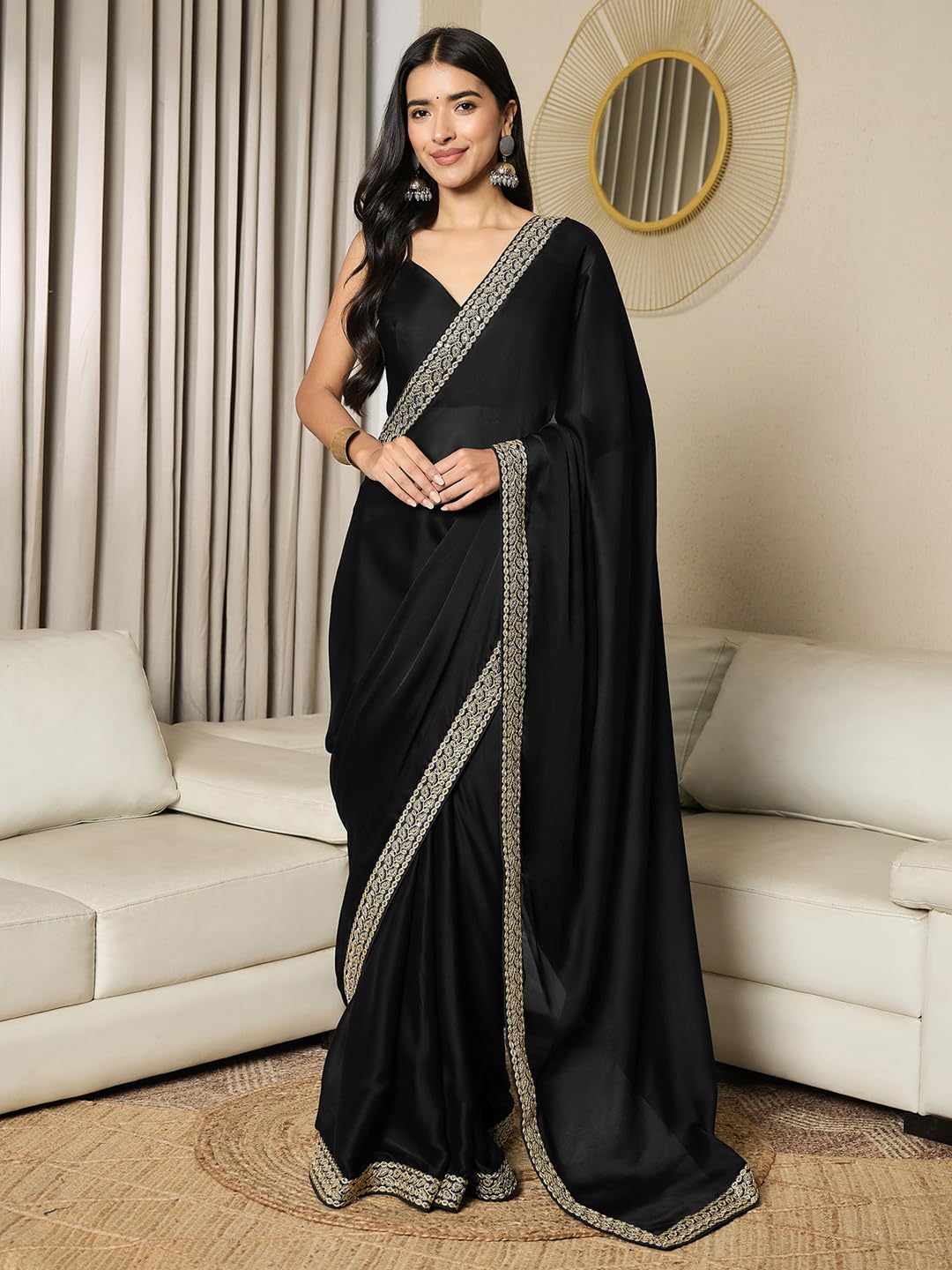 Black Satin Solid Saree