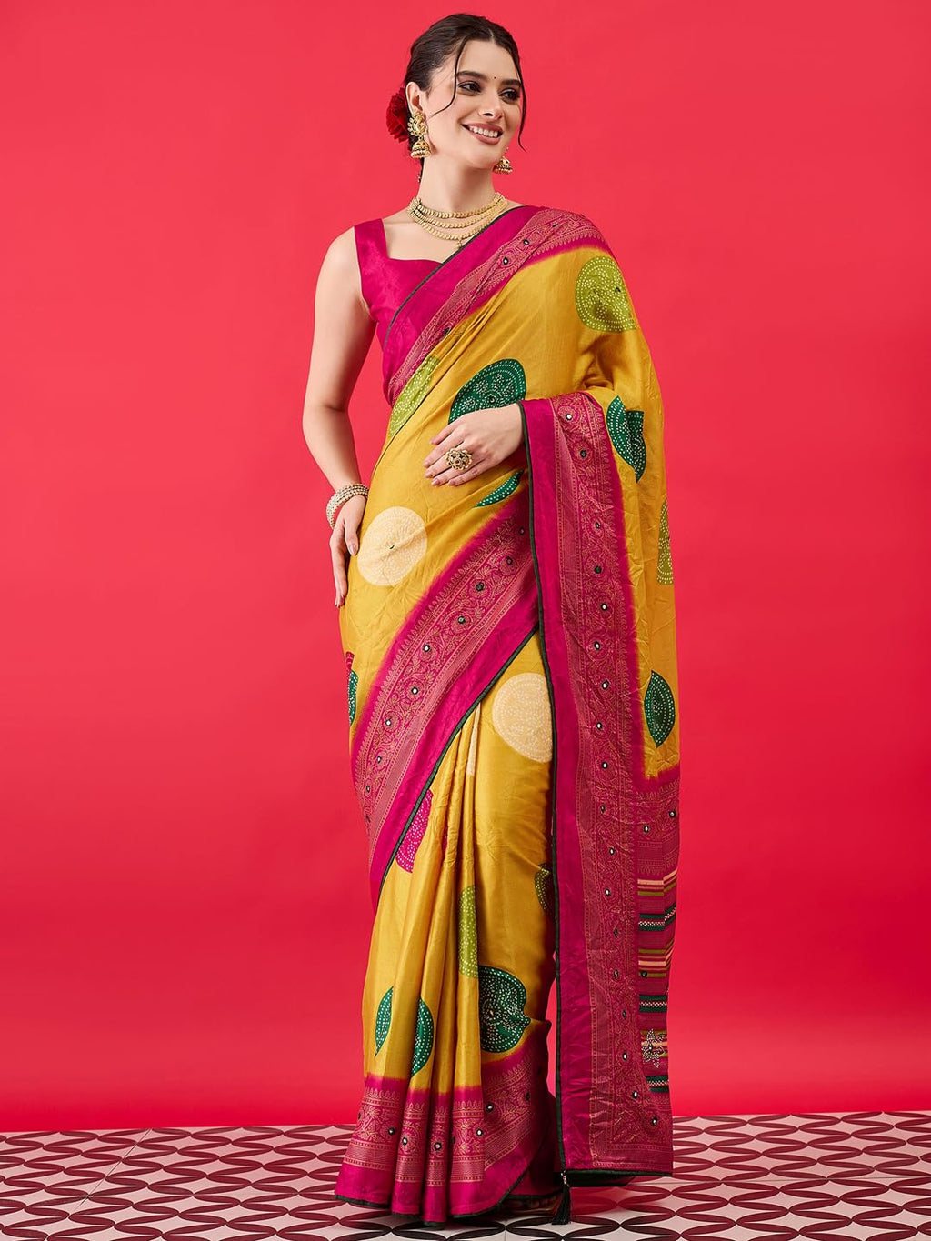 Yellow Georgette Polka Dots Saree