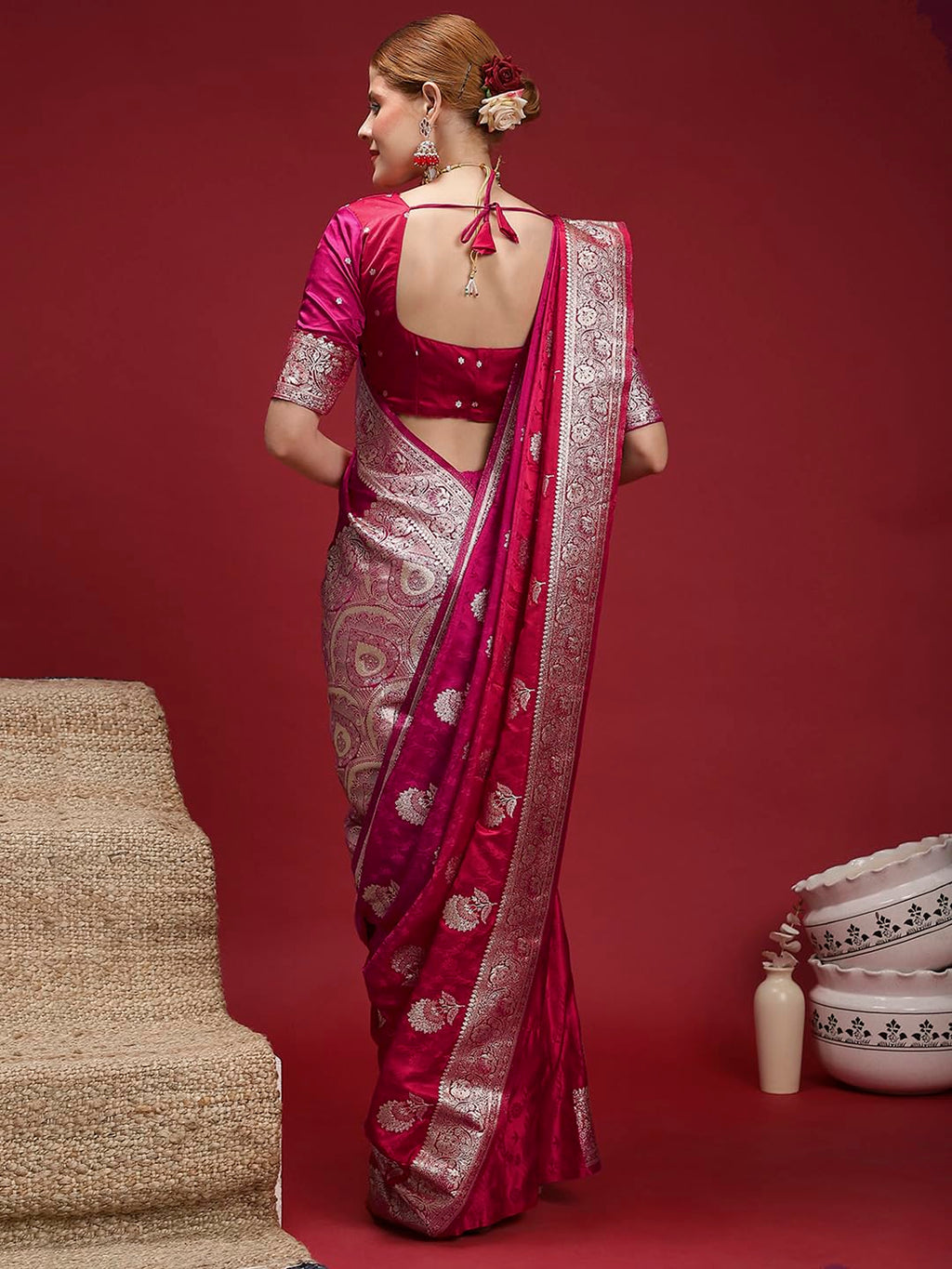 Pink Satin Floral Saree