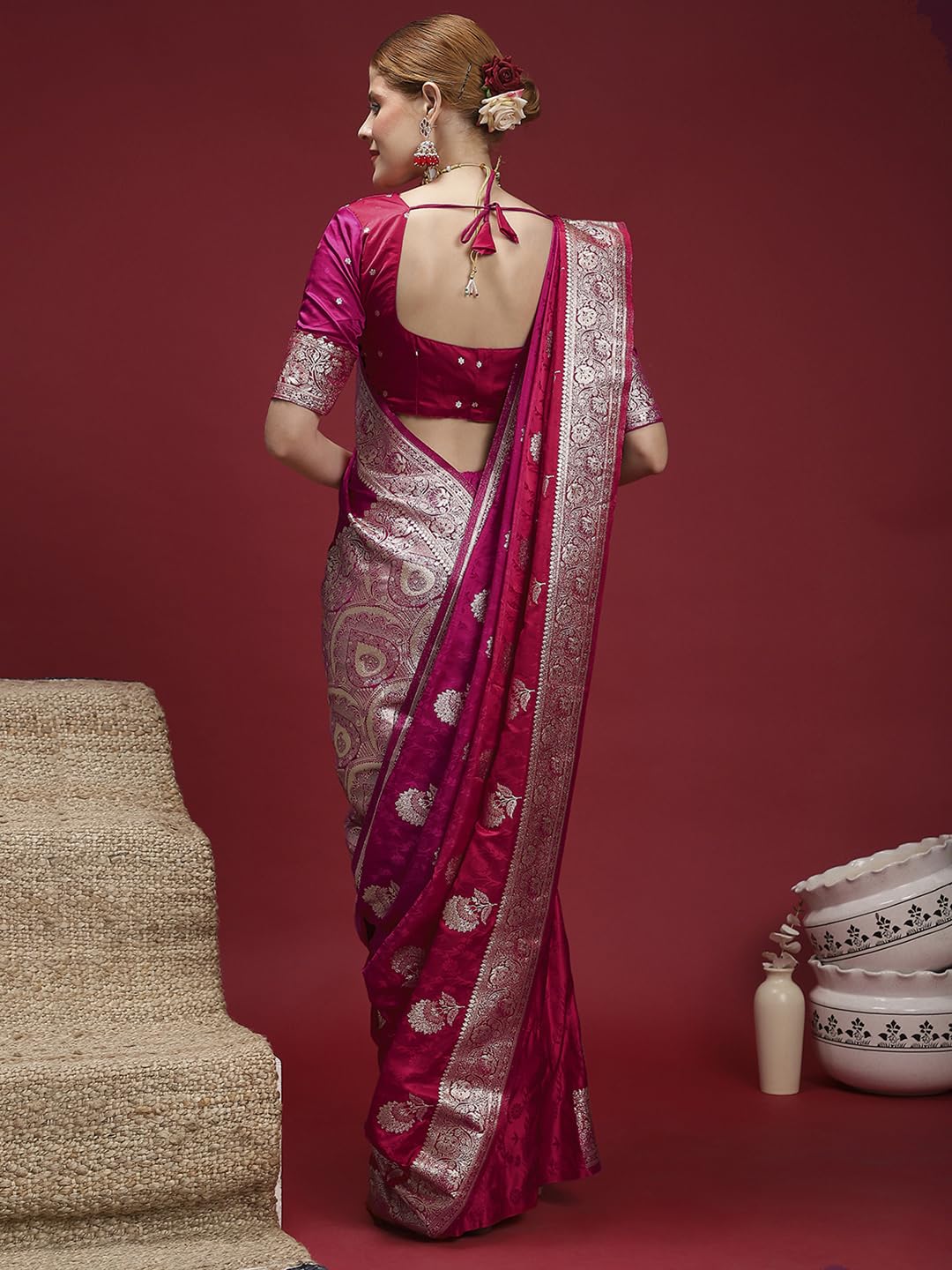 Pink Satin Floral Saree