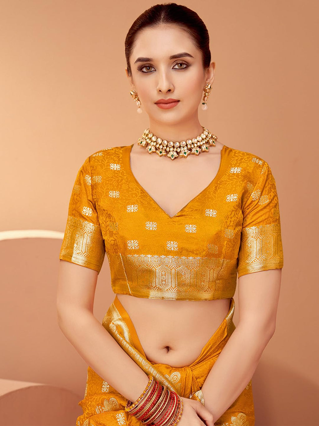 Mustard Satin Floral Saree