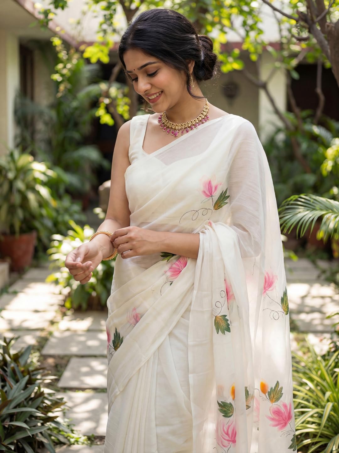 White Chiffon Floral Saree