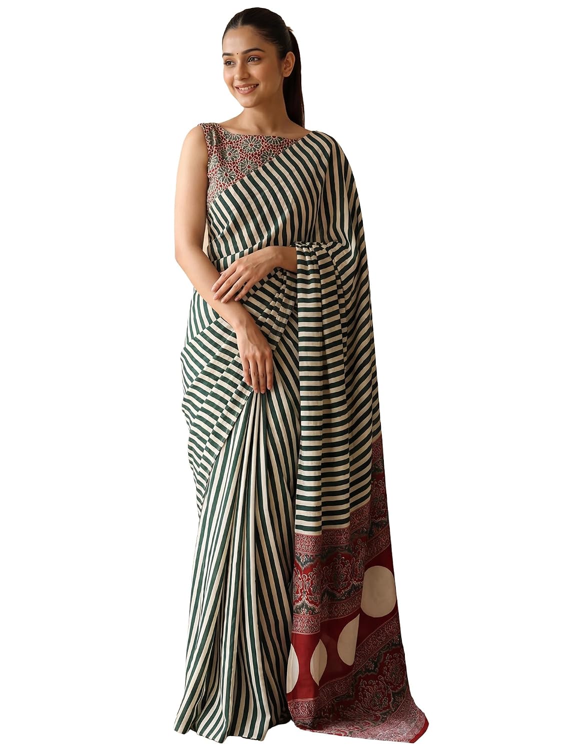 Maroon Crepe Striped Saree - Green