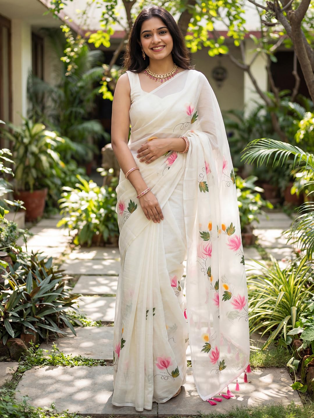 White Chiffon Floral Saree
