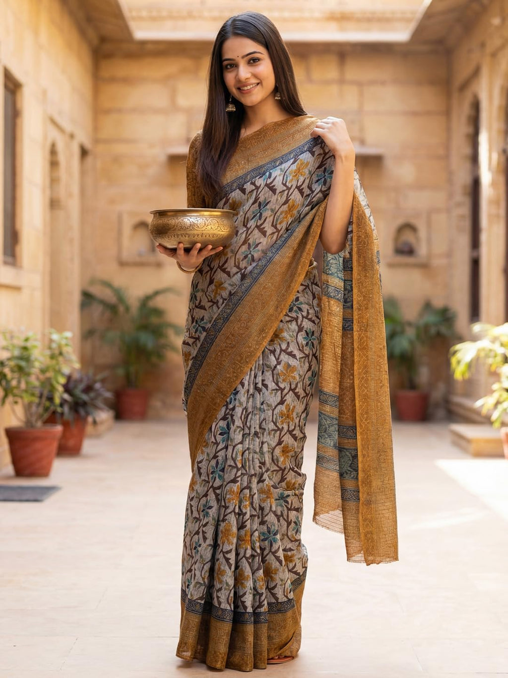 Grey Silk Blend Floral Saree
