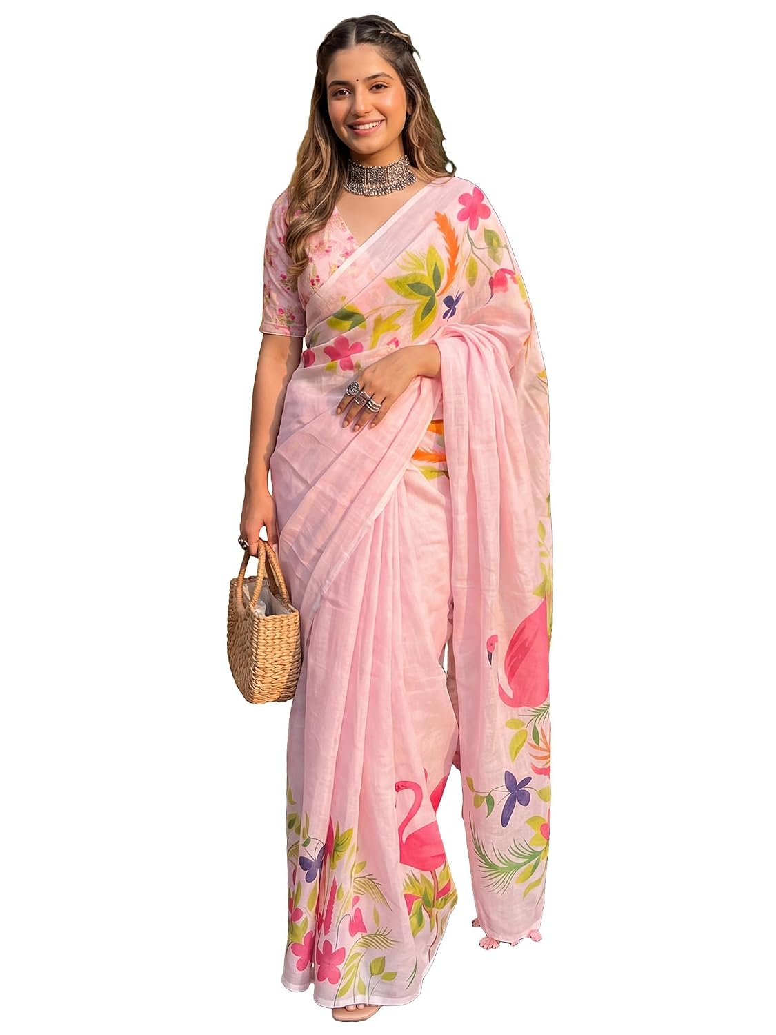 Pink Linen Striped Saree - Pink 2