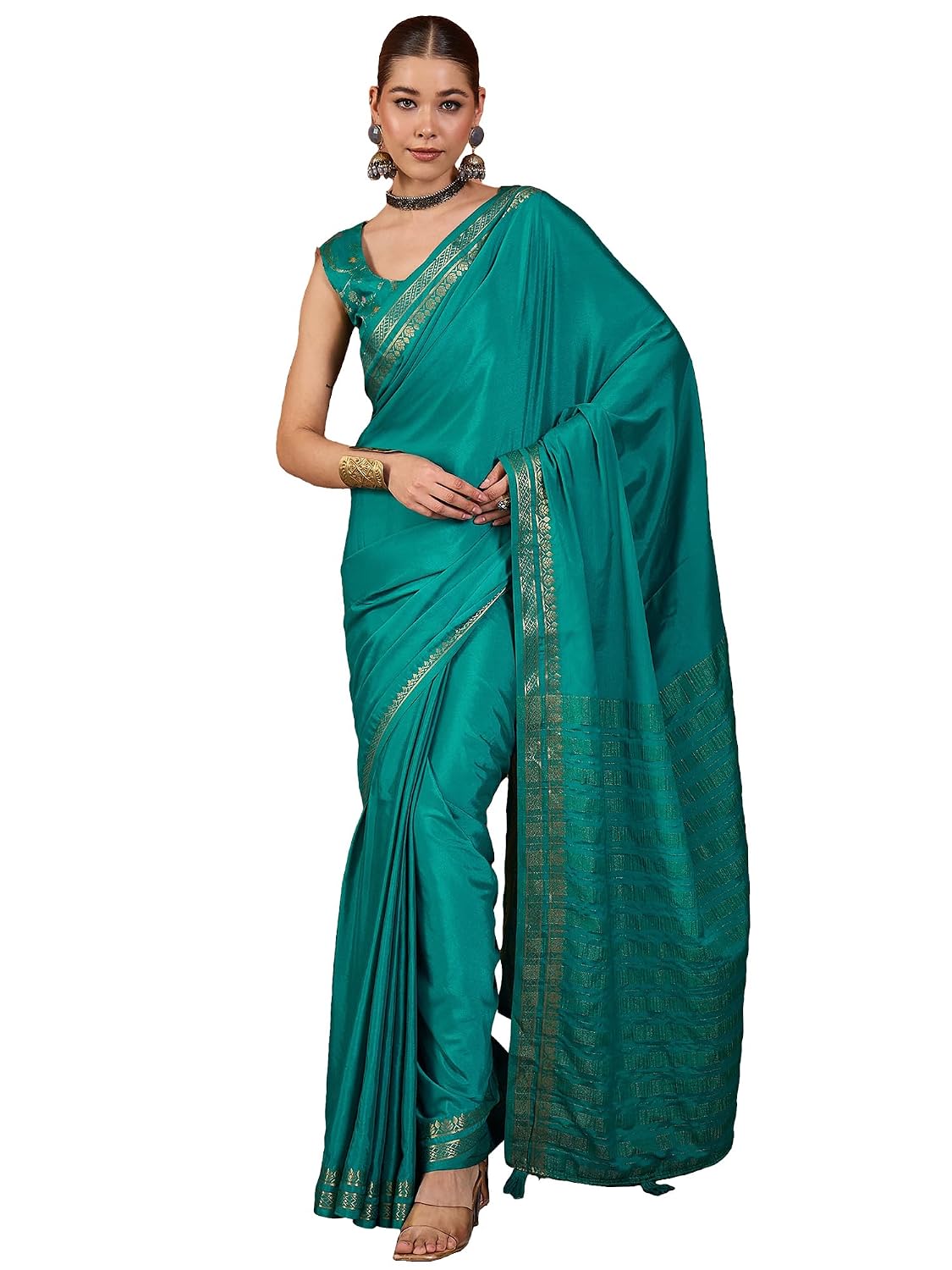 Maroon Cotton Paisley Saree - Turquoise