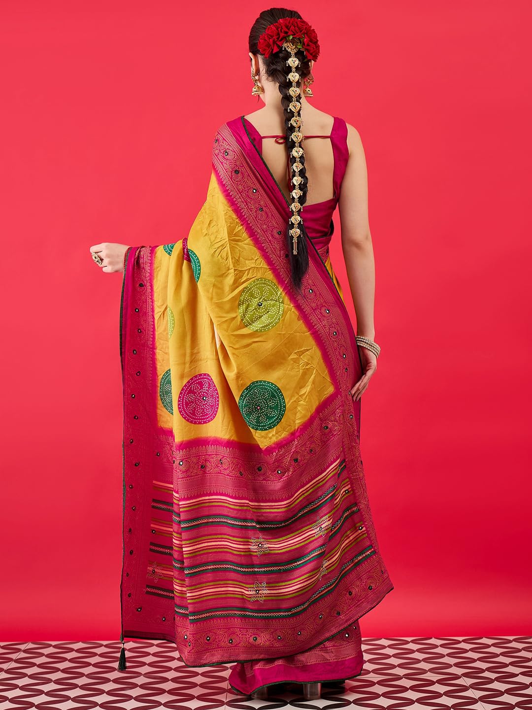 Yellow Georgette Polka Dots Saree