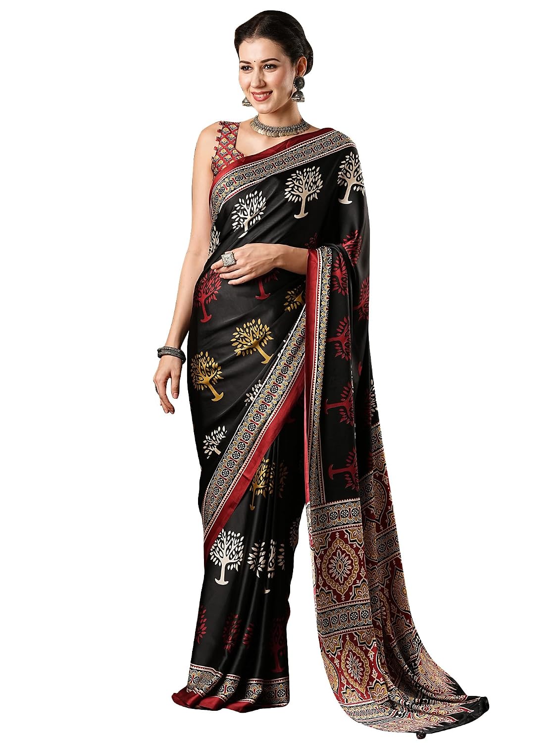 Red Cotton Blend Animal Print Saree - Black 2