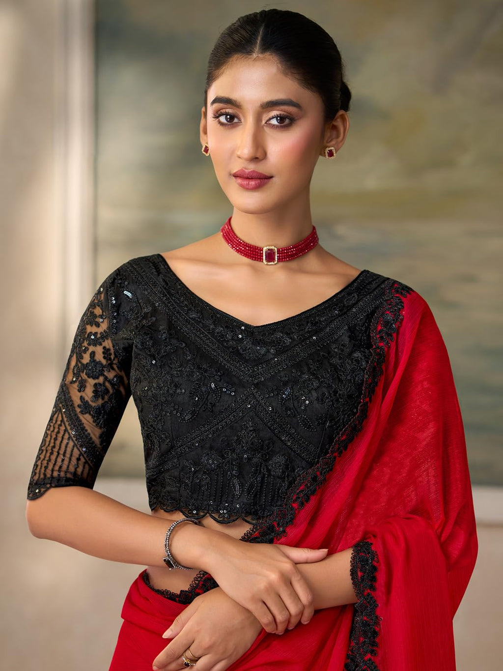 Red Chiffon Ombre Saree