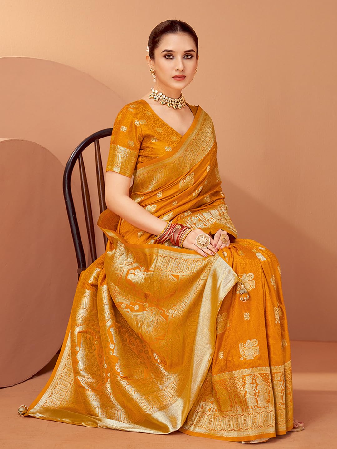 Mustard Satin Floral Saree
