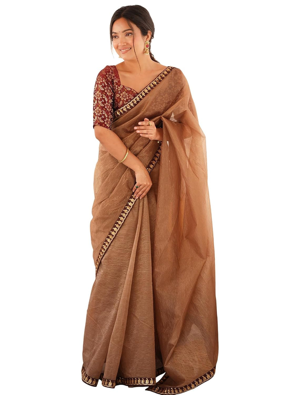 Copper Silk Checkered Saree