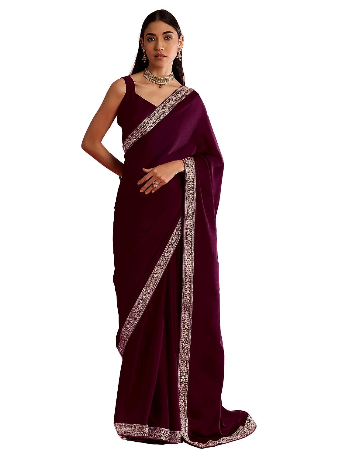 Maroon Silk Geometric Saree - Magenta