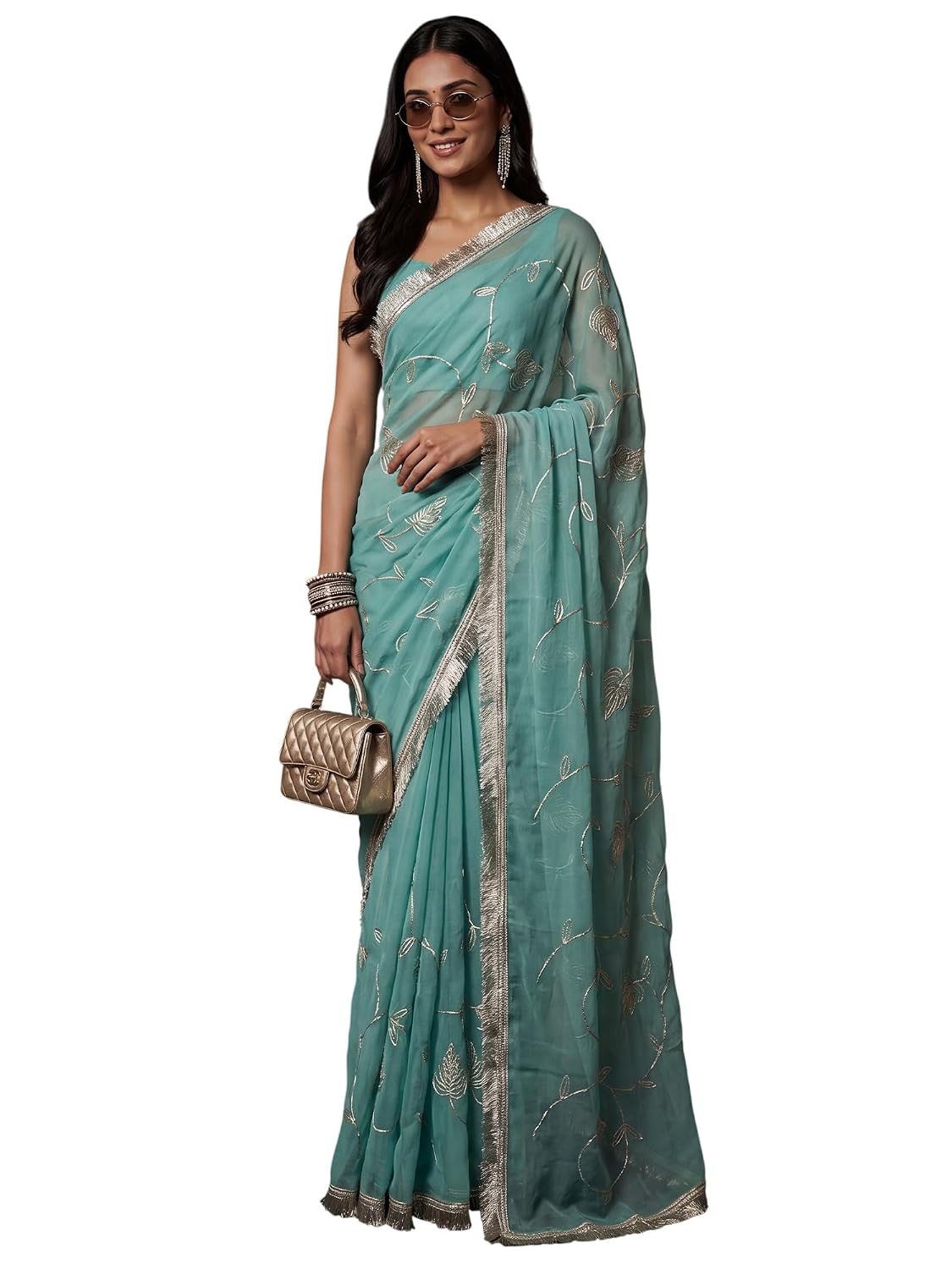 Light Blue Georgette Striped Saree