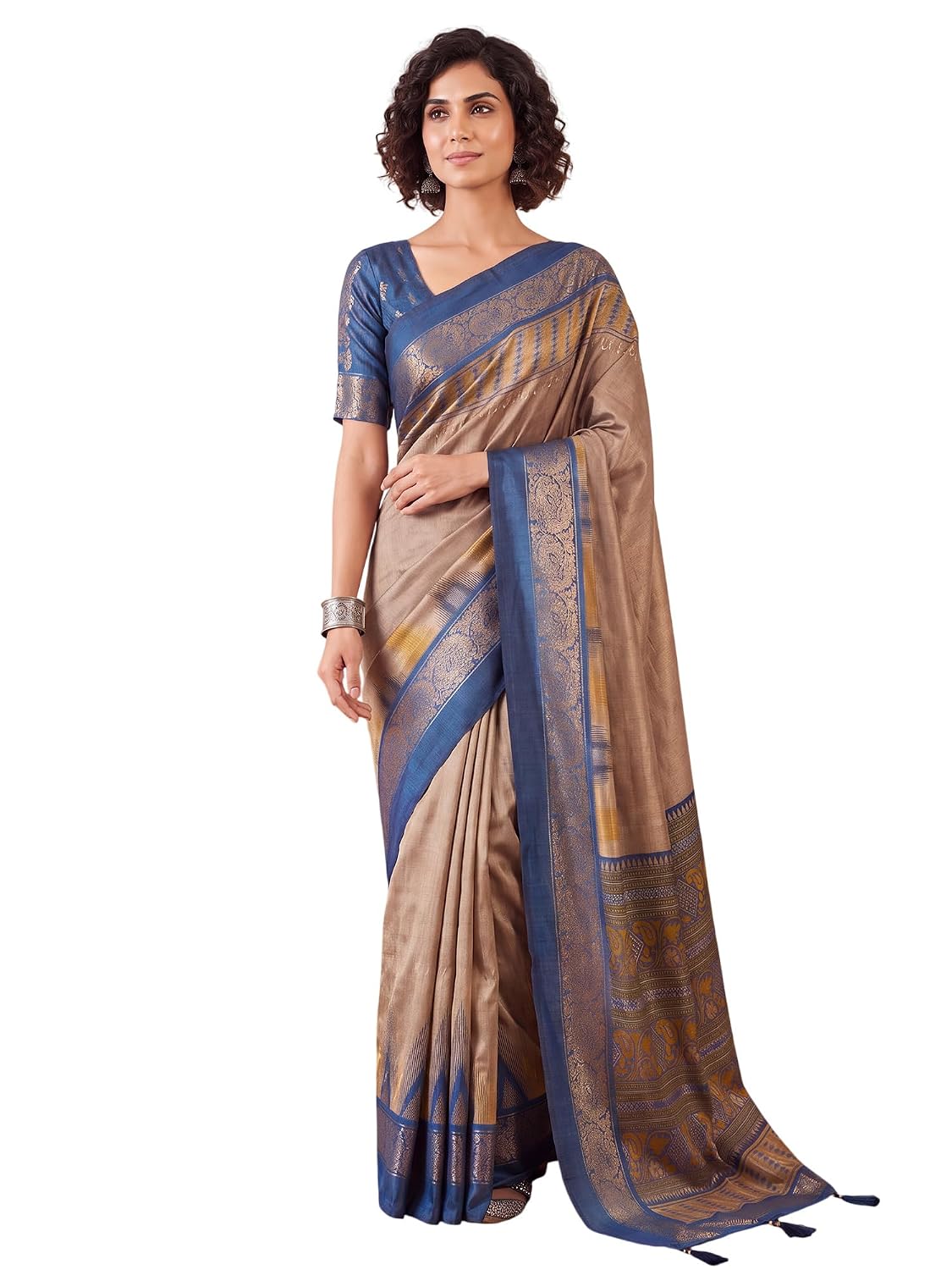 Green Tussar Silk Striped Saree - Beige