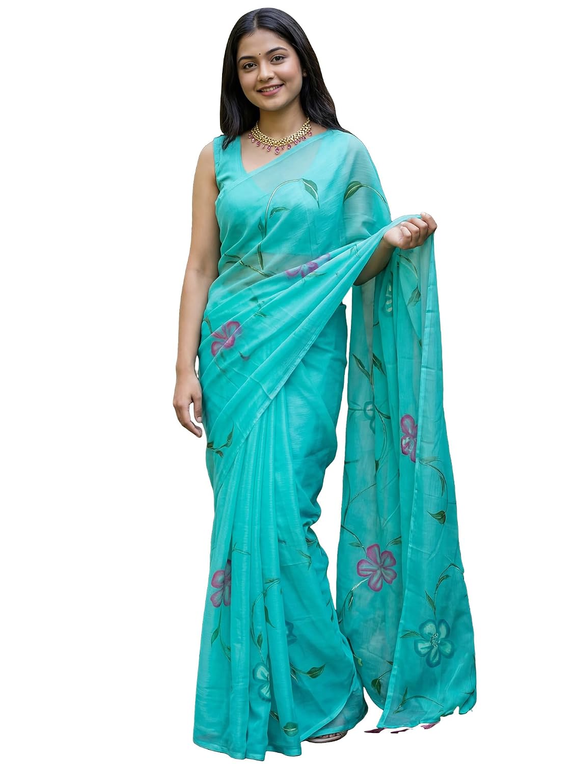 White Chiffon Floral Saree - Light Blue