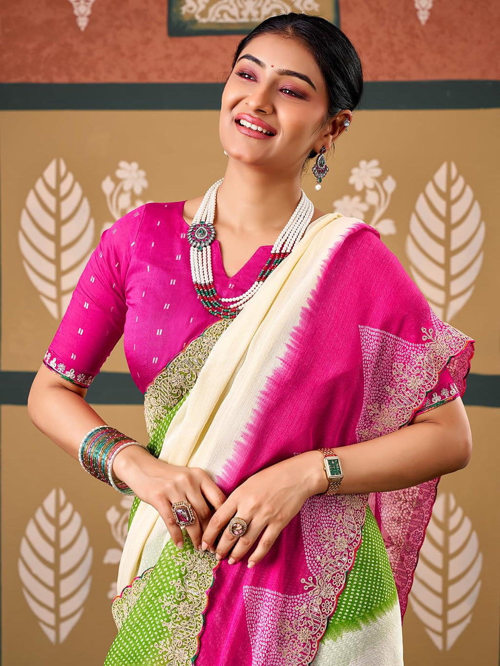 Cream Chiffon Striped Saree