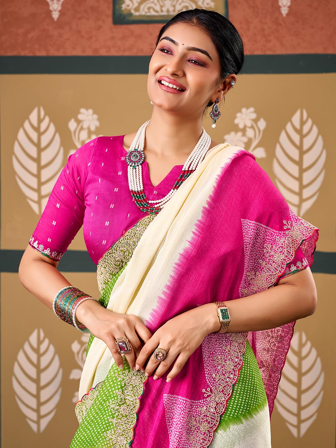 Cream Chiffon Striped Saree