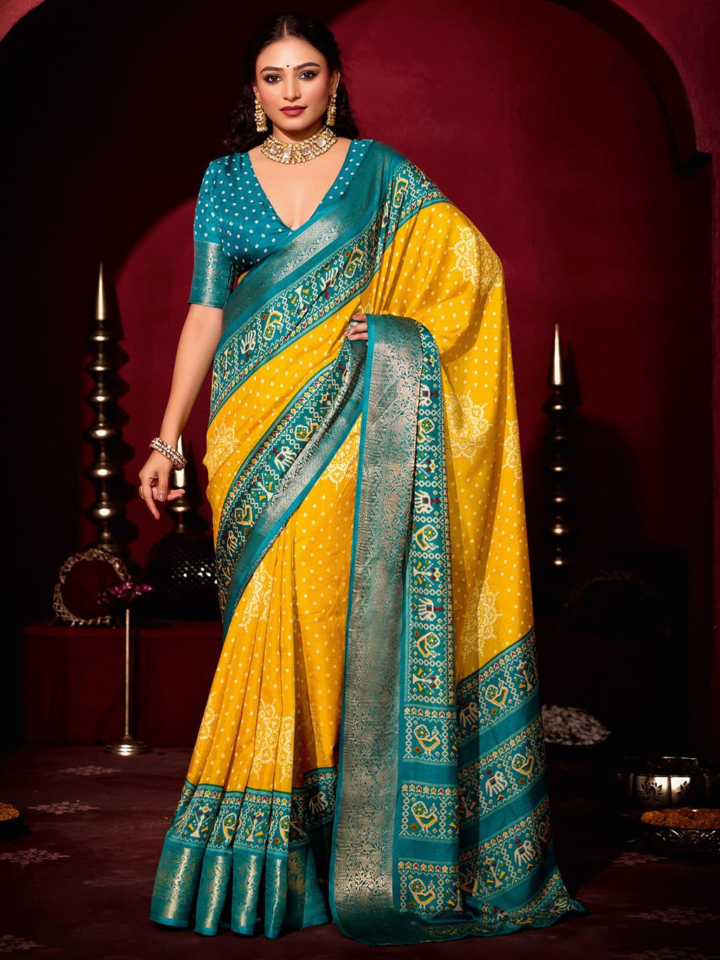 Yellow Silk Blend Polka Dots Saree