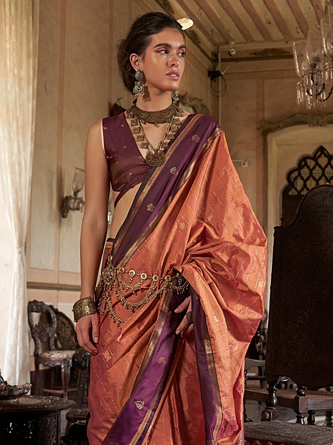 Orange Silk Paisley Saree