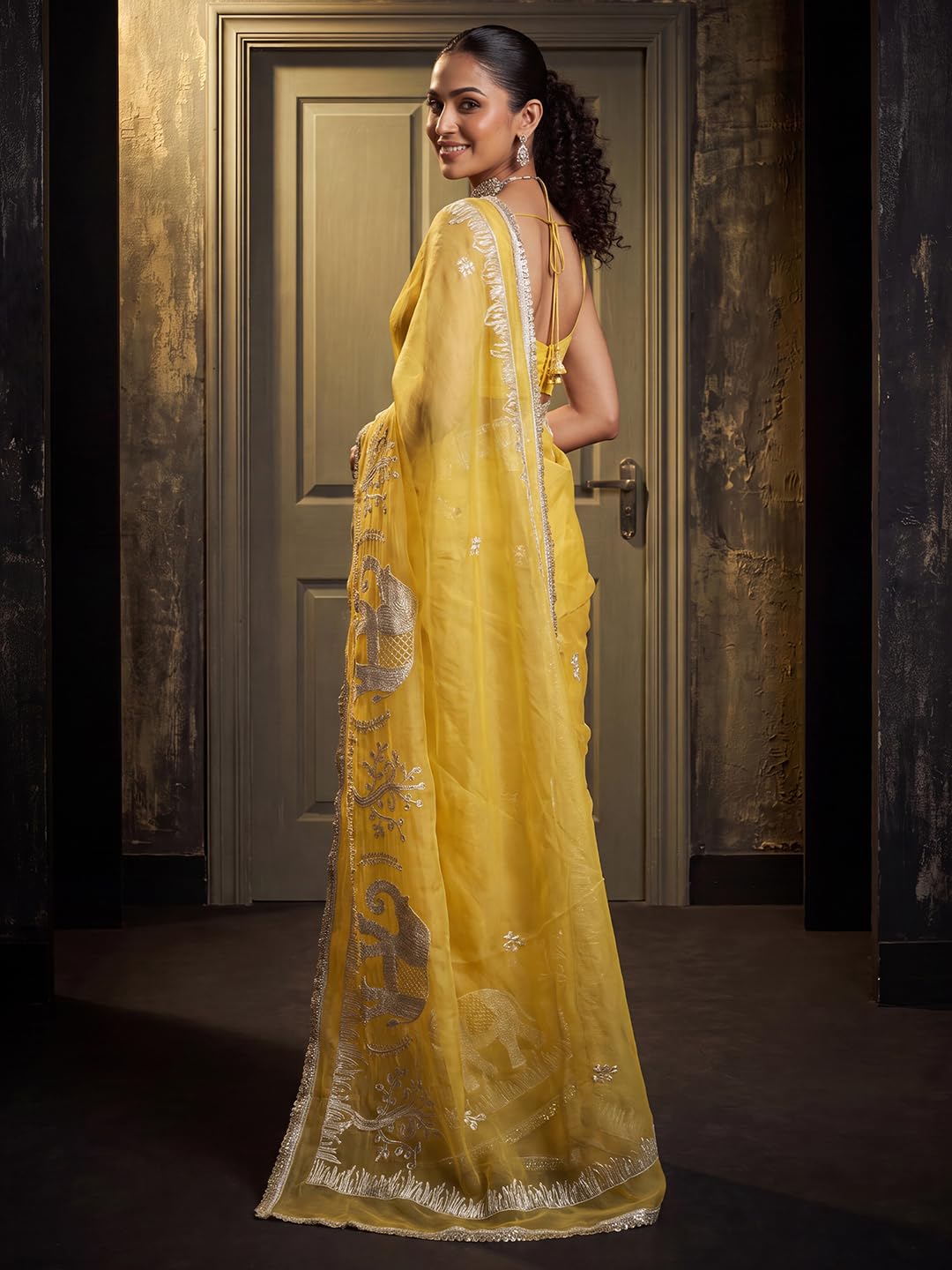 Yellow Georgette Striped Saree