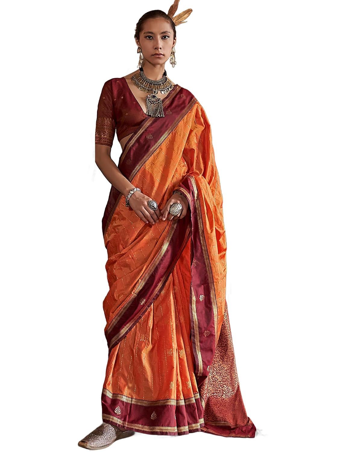 Orange Silk Paisley Saree - Orange