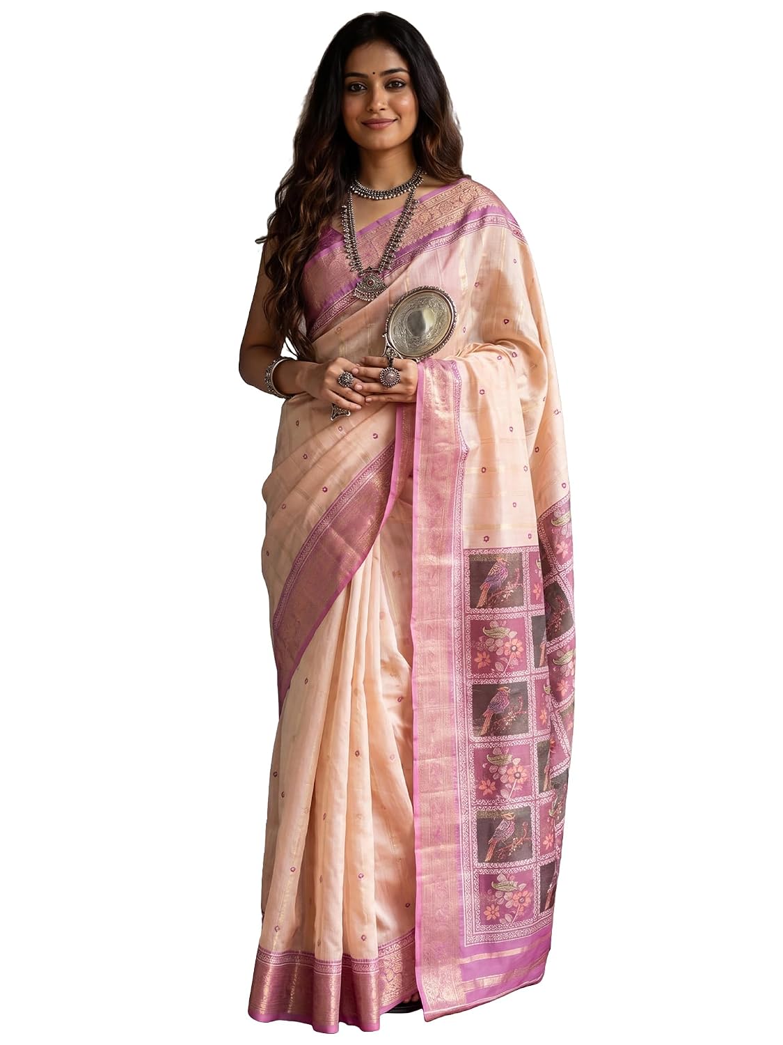 Multicolour Silk Checkered Saree - Off White
