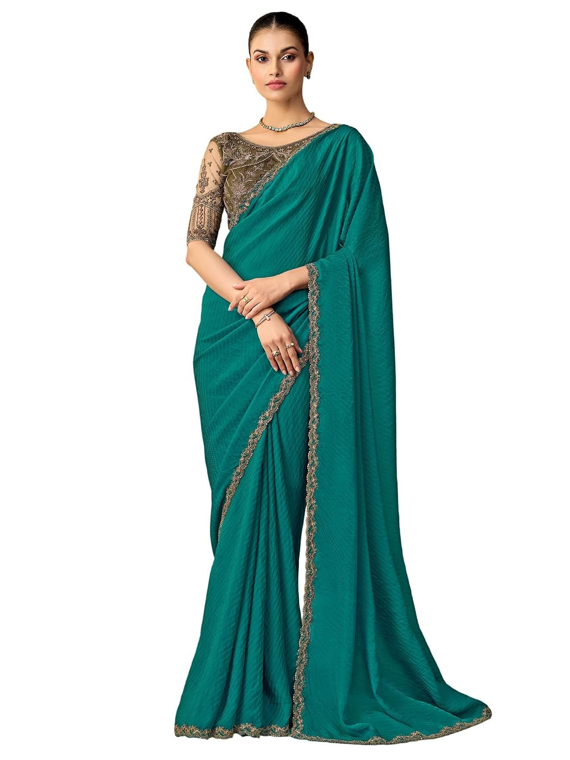 Red Chiffon Ombre Saree - Teal Green