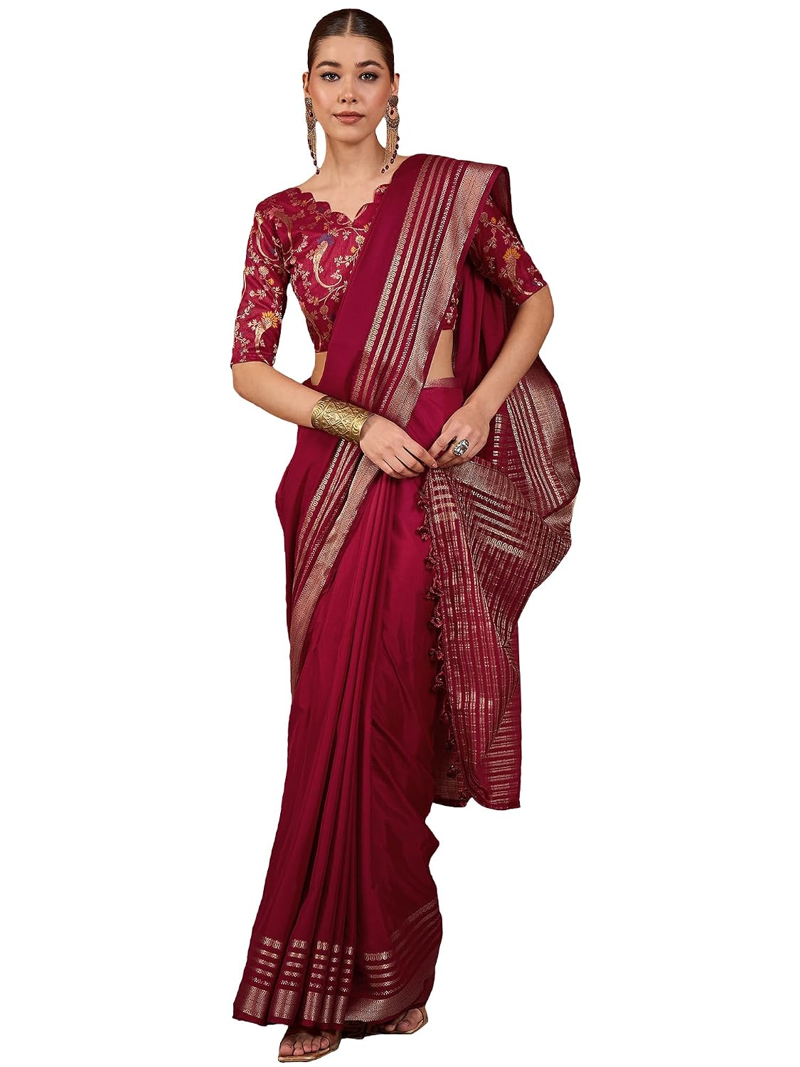 Maroon Cotton Paisley Saree - Red 2