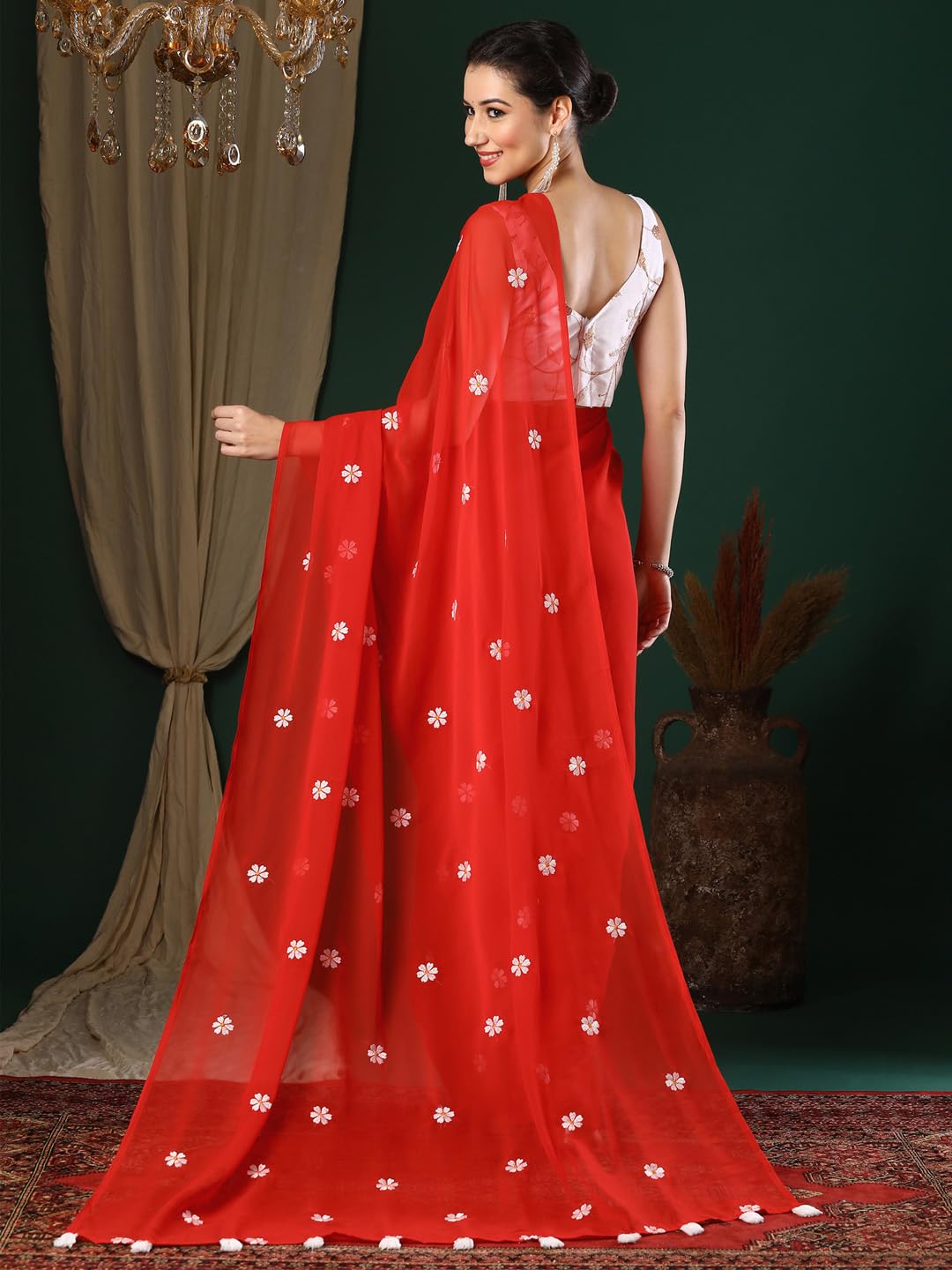 Red Georgette Embroidered Saree