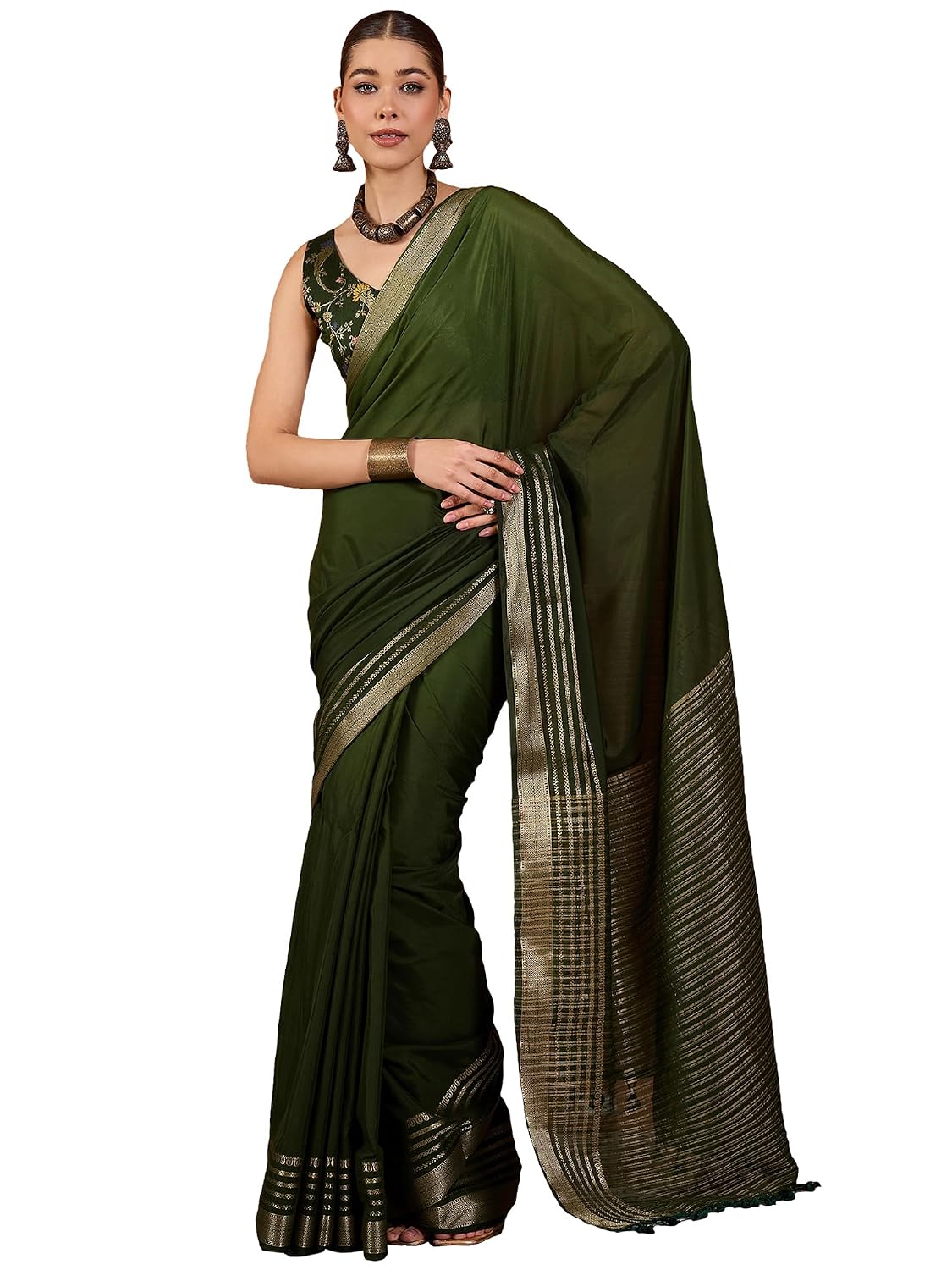Maroon Cotton Paisley Saree - Green