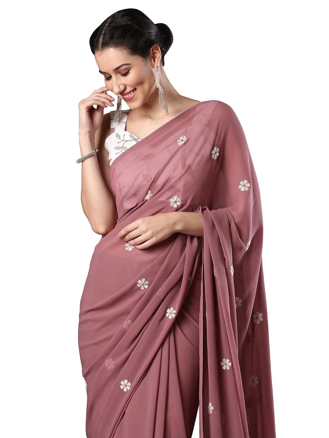 Red Georgette Embroidered Saree - Rose Gold