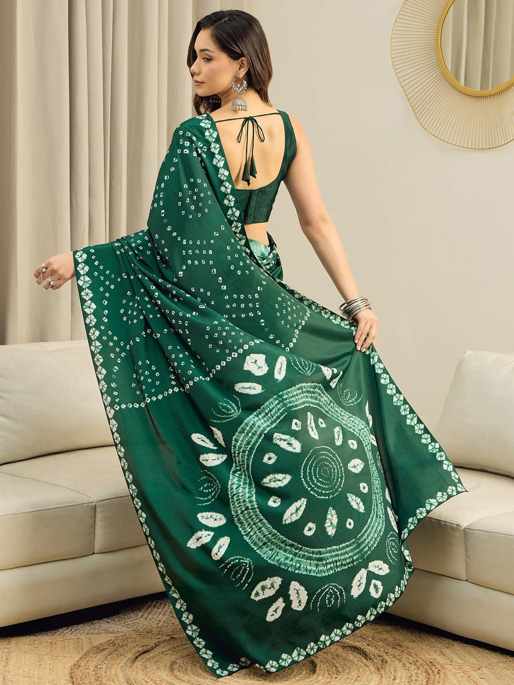 Green Crepe Polka Dots Saree